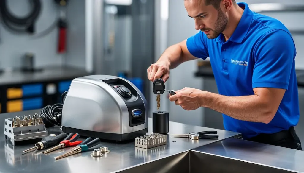 Locksmith cutting a duplicate car key in Tacoma, WA