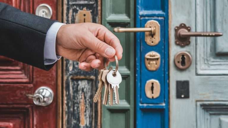 Property manager holding a labeled master key ring outside a Tacoma WA apartment building