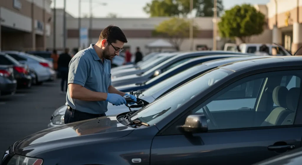 Locksmith cutting a replacement car key at the roadside in Tacoma, WA