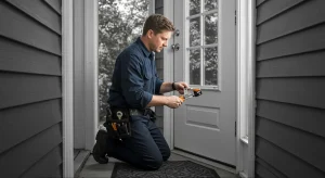 Peak Locksmith technician rekeying a front door lock in Tacoma, WA, a $20 to $40 per cylinder job