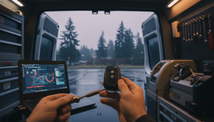 Key fob being programmed to a vehicle with a diagnostic tool by Peak Locksmith in Tacoma WA