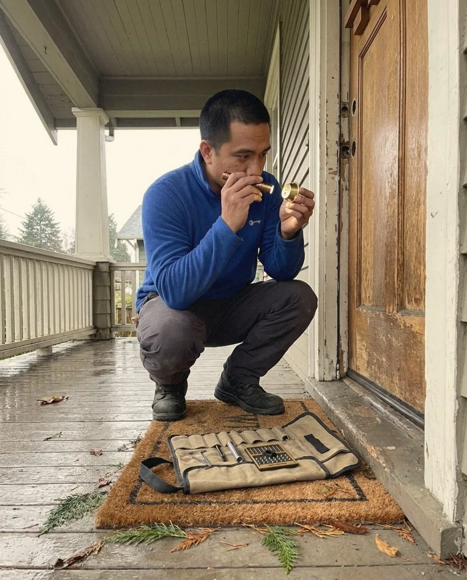 Peak Locksmith technician reading the pins of a removed deadbolt cylinder with a flashlight on the porch of a Tacoma craftsman home