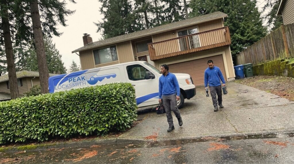 Peak Locksmith technicians arriving with the mobile locksmith van at a split-level home in Federal Way, WA