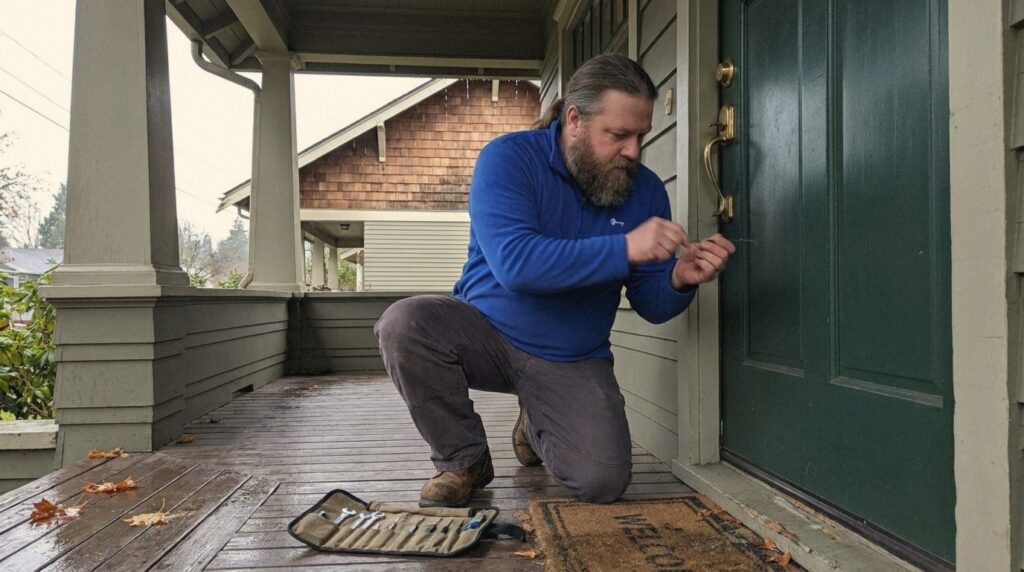Peak Locksmith technician picking the deadbolt of a locked Craftsman front door during a home lockout in Tacoma, WA