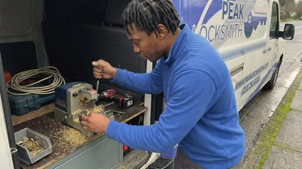 Peak Locksmith technician cutting a new house key on a key machine in the back of the service van on a Tacoma street