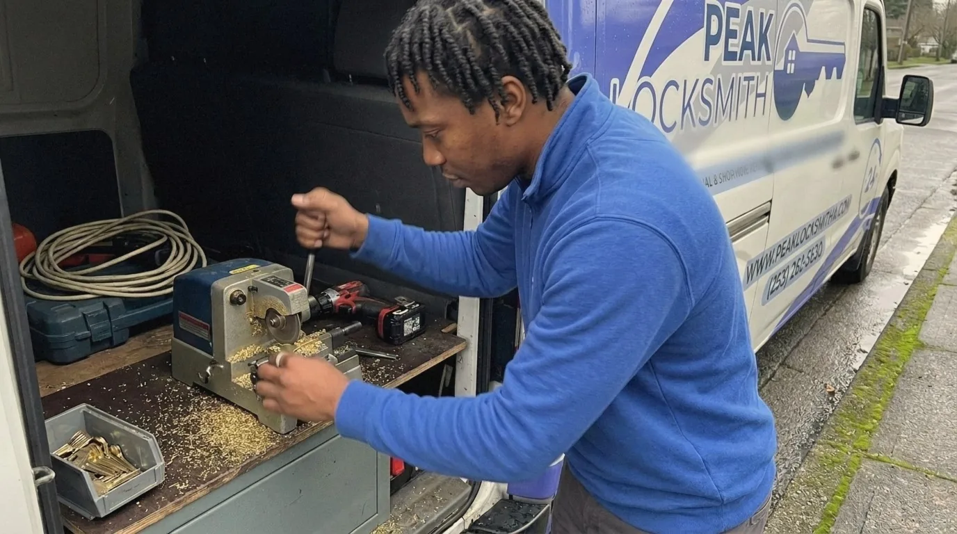 Peak Locksmith technician cutting a new house key on a key machine in the back of the service van on a Tacoma street