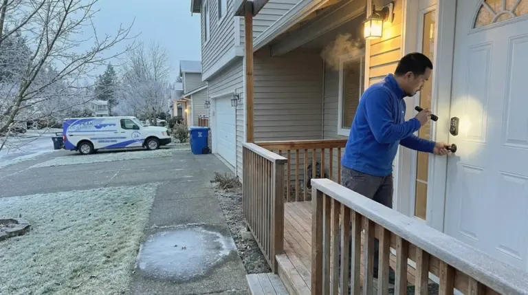 Peak Locksmith technician checking a dead keypad deadbolt on a frosty morning at a Pierce County, WA home