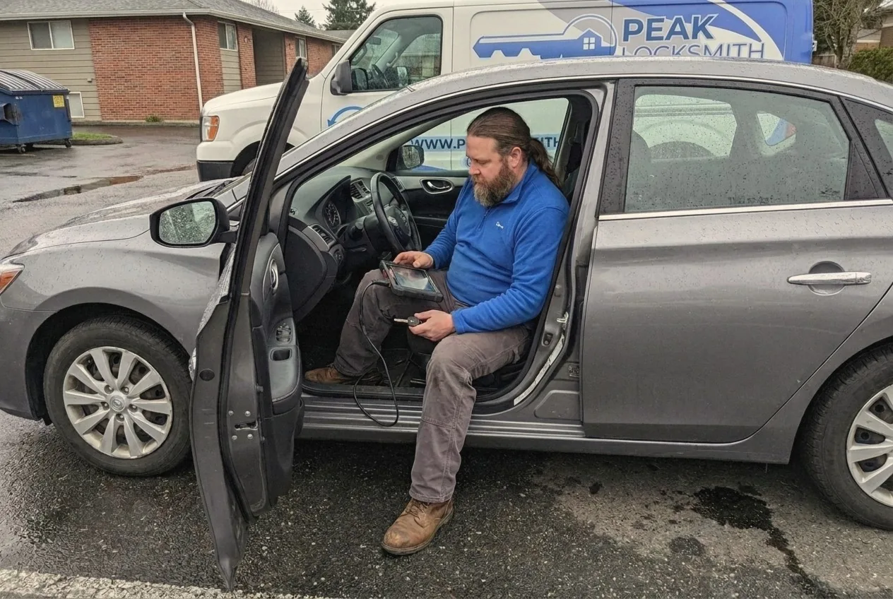 Peak Locksmith technician programming a newly cut transponder key with a diagnostic tablet in the driver's seat of a grey sedan in Tacoma