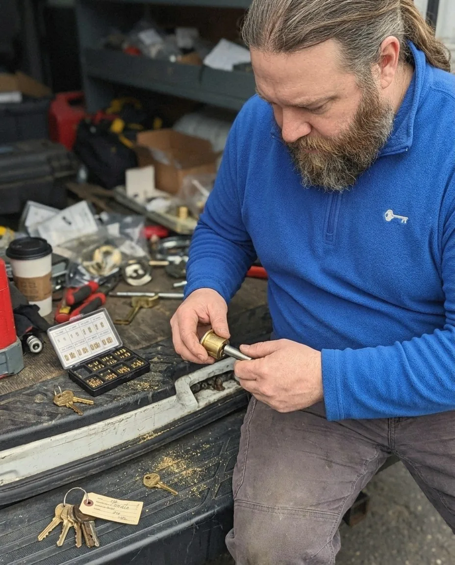 Peak Locksmith technician repinning a deadbolt cylinder for a rental unit turnover in Tacoma, WA