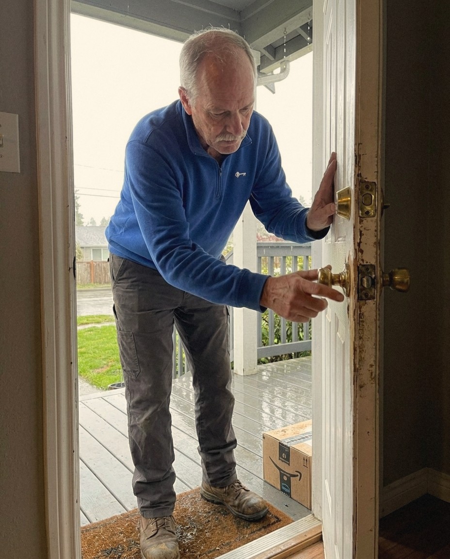 Peak Locksmith technician inspecting a swollen wood front door and its strike plate on a rainy day in Tacoma, WA