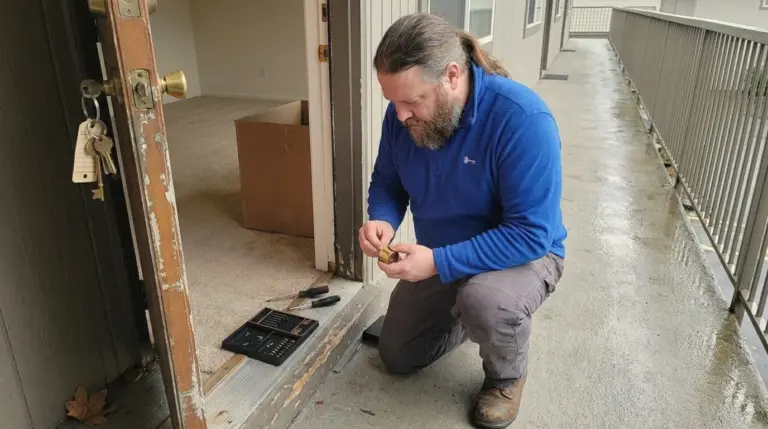 Peak Locksmith technician rekeying the deadbolt of a vacant apartment at tenant turnover in Tacoma, WA