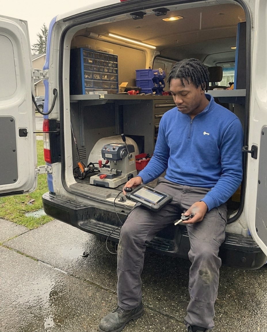 Peak Locksmith technician programming a transponder key fob at the rear of the mobile locksmith van in Tacoma, WA